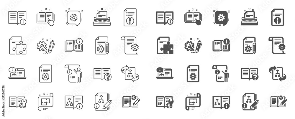 Poster technical document line icons. set of instruction, plan and manual icons. help document, building pl