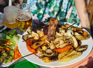 barbecue meat and vegetables closeup
