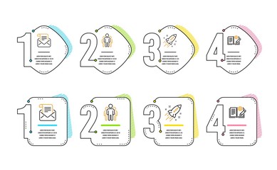Startup rocket, Group and Mail newsletter icons simple set. Engineering documentation sign. Business innovation, Managers, Open e-mail. Manual. Technology set. Infographic timeline. Vector