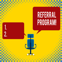 Writing note showing Referral Program. Business concept for internal recruitment method employed by organizations Executive chair sharing two blank square speech bubbles right left side