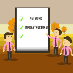 Writing note showing Network Infrastructure. Business concept for Hardware and Software resources In and Out Connection Business Colleagues Discuss Missions Presentation Whiteboard Ticks