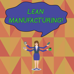 Word writing text Lean Manufacturing. Business photo showcasing Waste Minimization without sacrificing productivity Businesswoman with Four Arms Extending Sideways Holding Workers Needed Item