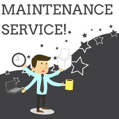 Word writing text Maintenance Service. Business photo showcasing Keep a Product Service in Good Operating Condition Stressed Out Male Employee Manager Many Armed Multitasking Meet Deadline