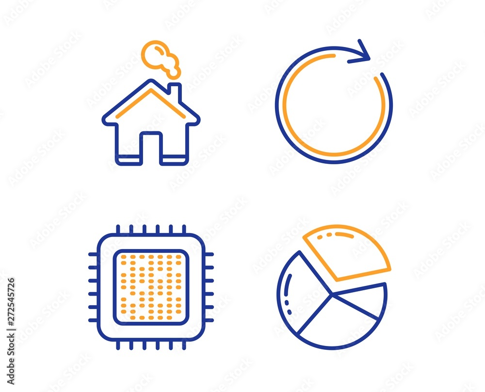 Aufkleber cpu processor, synchronize and home icons simple set. pie chart sign. computer component, refresh or