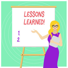 Handwriting text Lessons Learned. Conceptual photo experiences distilled project that should actively taken White Female in Glasses Standing by Blank Whiteboard on Stand Presentation