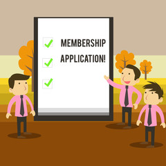 Writing note showing Membership Application. Business concept for Gateway to any organization to check if Eligible Business Colleagues Discuss Missions Presentation Whiteboard Ticks