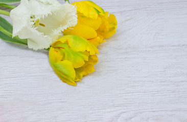 Arrangement of delicate and fresh tulips on a wooden surface