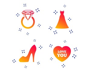 Wedding dress icon. Women's shoe and love heart symbols. Wedding or engagement day ring with diamond sign. Random dynamic shapes. Gradient wedding icon. Vector