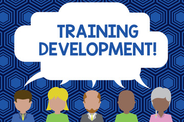 Text sign showing Training Development. Business photo showcasing Learn and Expand skills and knowledge Program Five different races persons sharing blank speech bubble. People talking