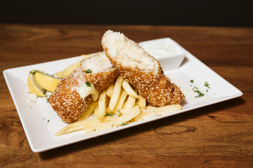 Chicken breast and French fries at the restaurant