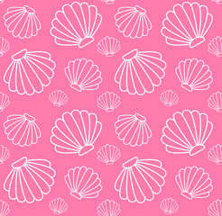 Vector seamless pattern of white shell contour isolated on pink background 