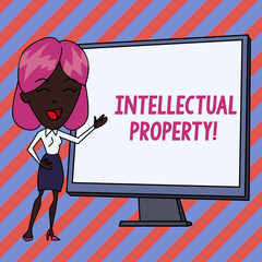 Conceptual hand writing showing Intellectual Property. Concept meaning Protect from Unauthorized use Patented work or Idea White Female in Standing Pointing Whiteboard Presentation