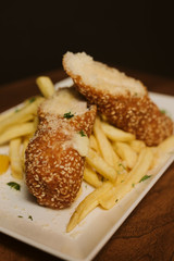  Chicken breast and French fries at the restaurant