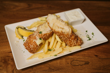  Chicken breast and French fries at the restaurant
