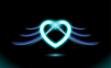 Abstract neon heart with wings, gothic anime, blue glow radiant effect of love for Valentines day. Holiday design, night romance concept love. Dark vector luminescent illumination art illustration