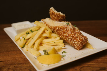  Chicken breast and French fries at the restaurant