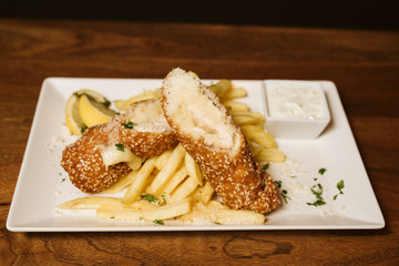 Chicken breast and French fries at the restaurant
