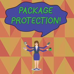 Word writing text Package Protection. Business photo showcasing Wrapping and Securing items to avoid damage Labeled Box Businesswoman with Four Arms Extending Sideways Holding Workers Needed Item