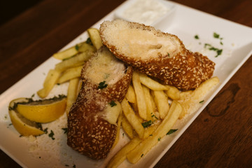  Chicken breast and French fries at the restaurant