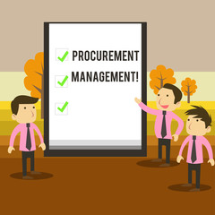 Writing note showing Procurement Management. Business concept for buying Goods and Services from External Sources Business Colleagues Discuss Missions Presentation Whiteboard Ticks