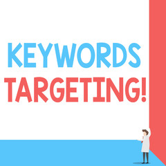 Handwriting text Keywords Targeting. Conceptual photo Use Relevant Words to get High Ranking in Search Engines Front view young woman holding two hands right corner big blank rectangle