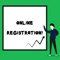 Writing note showing Online Registration. Business concept for Process to Subscribe to Join an event club via Internet Young man standing pointing up rectangle Geometric background