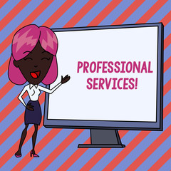Conceptual hand writing showing Professional Services. Concept meaning offer Knowledge based help some require Licensed White Female in Standing Pointing Whiteboard Presentation
