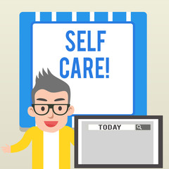 Handwriting text writing Self Care. Conceptual photo practice of taking action preserve or improve ones own health Male Speaker Monitor with Search Tool on Screen Presentation or Report