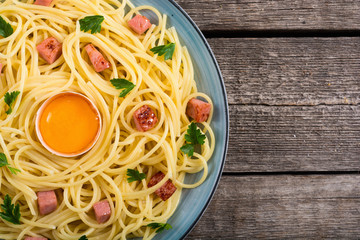 Itslian pasta carbonara with sausage and egg