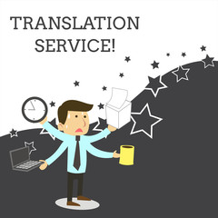 Word writing text Translation Service. Business photo showcasing the Equivalent Target Language from the Mother Tongue Stressed Out Male Employee Manager Many Armed Multitasking Meet Deadline