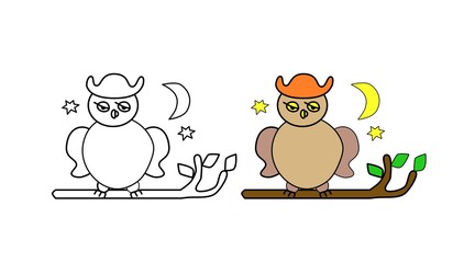 Coloring book page for kids. Owl on a tree branch. Moon and stars. Creative task for child. White illustration.