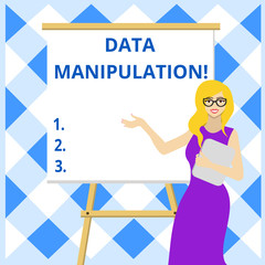 Conceptual hand writing showing Data Manipulation. Concept meaning the process of changing data to make it easier to read Female in Glasses Standing Whiteboard on Stand Presentation