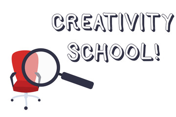 Conceptual hand writing showing Creativity School. Concept meaning students are able to use imagination and critical thinking Magnifying Glass Directed at Red Swivel Chair with Arm Rests