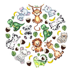 Hand-drawn watercolor children’s animals compositions heart and circle with cute lion, giraffe, elephant, Rhino, monkey, Zebra, crocodile, iguana, wombat, Panda, Koala 