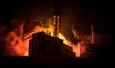 Creative artwork decoration. Chernobyl nuclear power plant at night. Layout of abandoned Chernobyl...