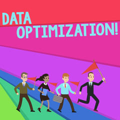 Obraz premium Text sign showing Data Optimization. Business photo text process that prepares the logical schema from data view People Crowd Flags Pennants Headed by Leader Running Demonstration Meeting