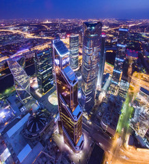 Panorama of the business center in Moscow with a quadrocopter