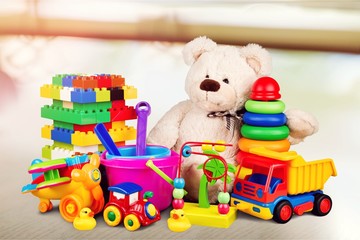 Toys colorful collection on pastel background