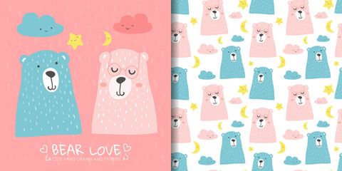 Hand drawn cute bear with seamless pattern.