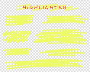 Highlights, underscores. Painted yellow marker strokes, painted frames. Vector design elements on isolated background.
