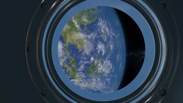 3d animation of porthole in the spaceship. POV of panoramic view to the Earth planet from the spaceship.