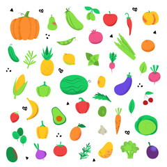 set of icons of fruits and vegetables and herbs. Set of cartoon icons isolated on white background. Colorful design for cards, banners, printed materials.