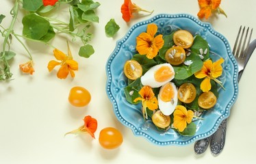 Fototapeta na wymiar salad with nasturtium leaves and flowers of the plant. bright summer salad with edible yellow flowers and yellow tomatoes with egg. top view.