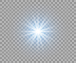 Blue flash glowing with radial rays. Abstract sun. Bright burst of light. Vector Christmas design element isolated on a transparent background.