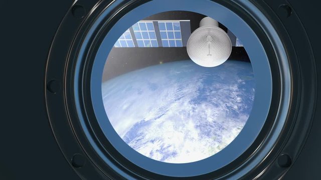 3d animation of porthole in the spaceship. POV of panoramic view to the Earth planet from the spaceship. Satellite scanning and monitoring the Earth from space. 