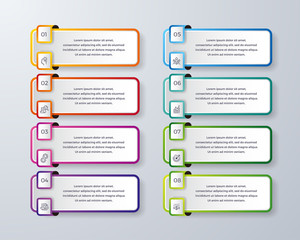 Infographic design with 8 process or steps. Infographic for diagram, report, workflow and more. Infographic with modern and simple icon. Idea, research, process, launching, growth, goal illustration.