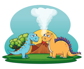 stegosaurus and thescelosaurus with volcano smoke and trees © Gstudio