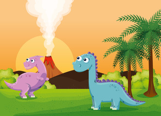 parasaurolophus and diplodocus with volcano smoke and palms trees