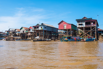 The floating village on the water (Komprongpok) of Tonle Sap the largest freshwater lake in Southeast Asia, Siem Reap, Cambodia.