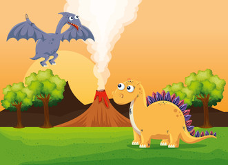 pterosaur and stegosaurus with volcano smoke and trees